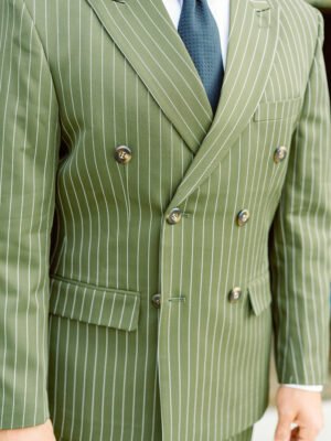 Standard Double Breasted (2 Piece Pinstriped Business Suit with Peak Lapel, Wool/Cotton Mix)
